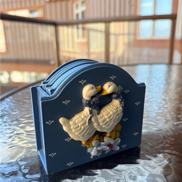 Rare Wood Vintage Geese Blue Bow Timber Coaster Set - Picture 2 of 3